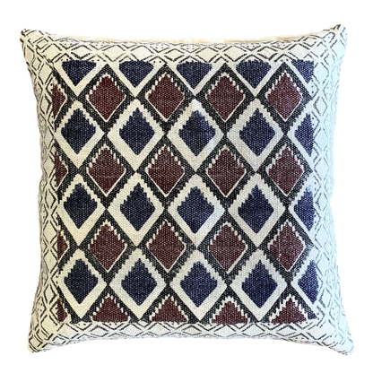 Geometrical Block Print Indigo Burgundy Cotton Dari Cushion Cover Euro Size 65x65cm - Adore India   