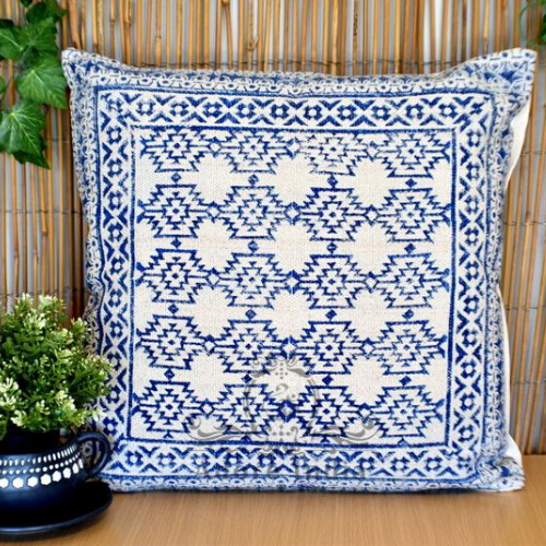 Block Print Aztec Indigo Cotton Dari Cushion Cover Euro Size 65x65cm - Adore India   