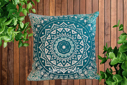 Block Print Daisy Green Mandala Cotton Dari Cushion 50 cms - Adore India   