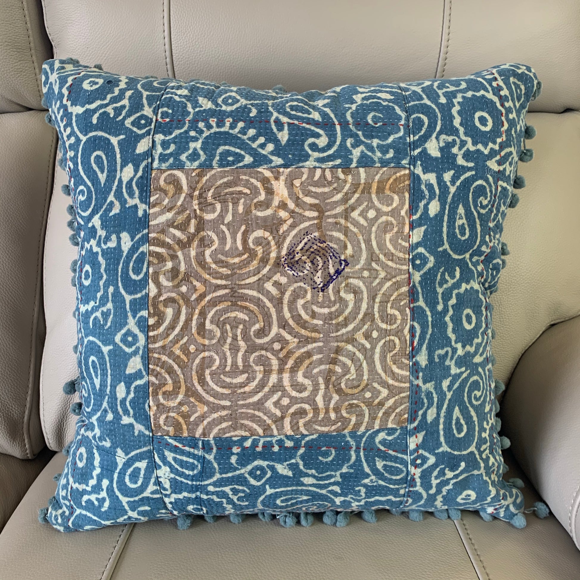 Indian Hand Made Vintage Kantha Patch Work Pomom Cushion Cover 45cm-3 - Adore India   
