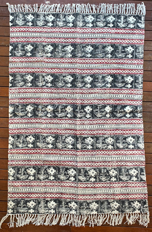 Handmade Beautiful Black Holy Block Print Cotton Dari Carpet - Adore India   