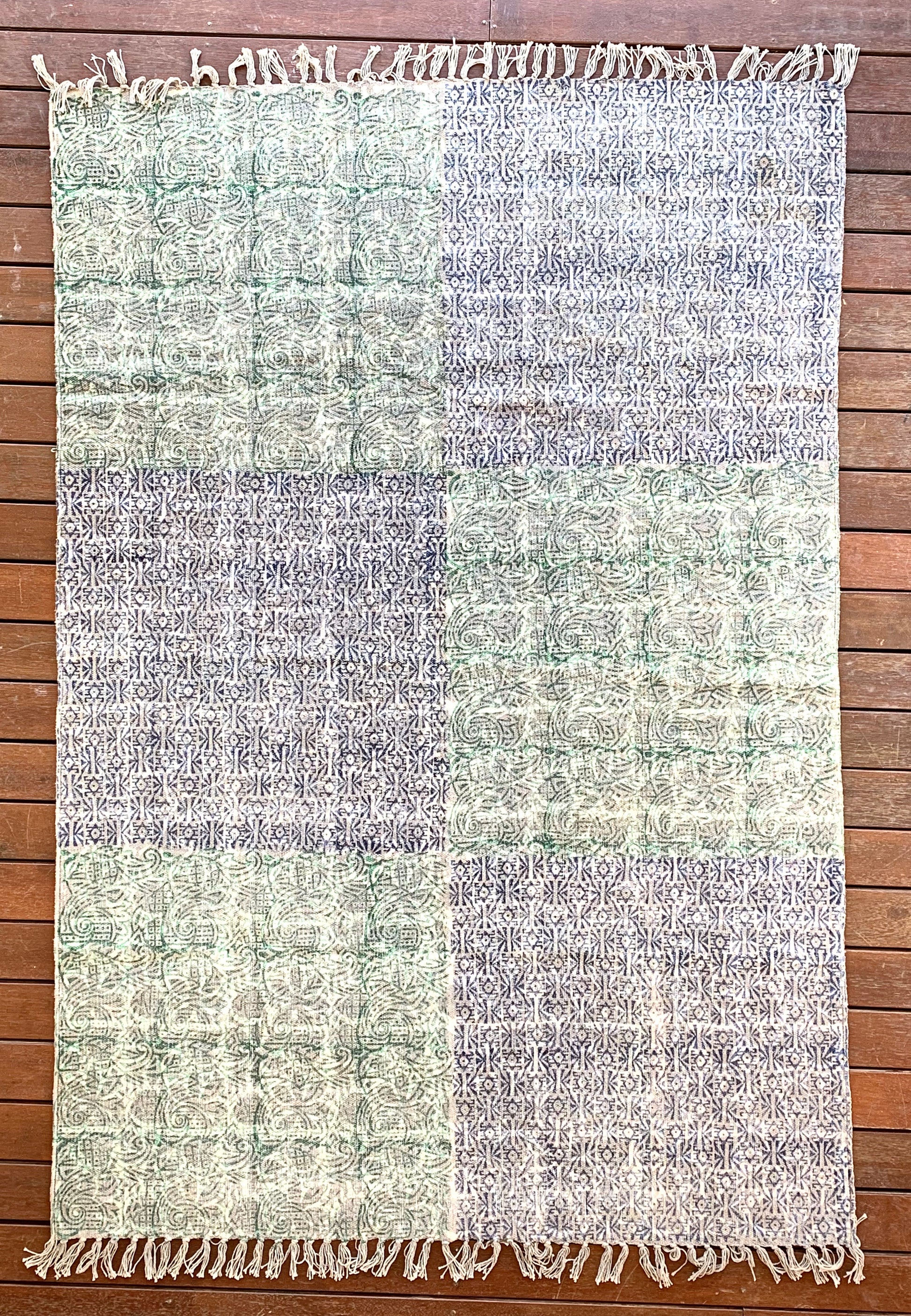 Handmade Olive Indigo Shade Block Print Cotton Dari Carpet - Adore India   