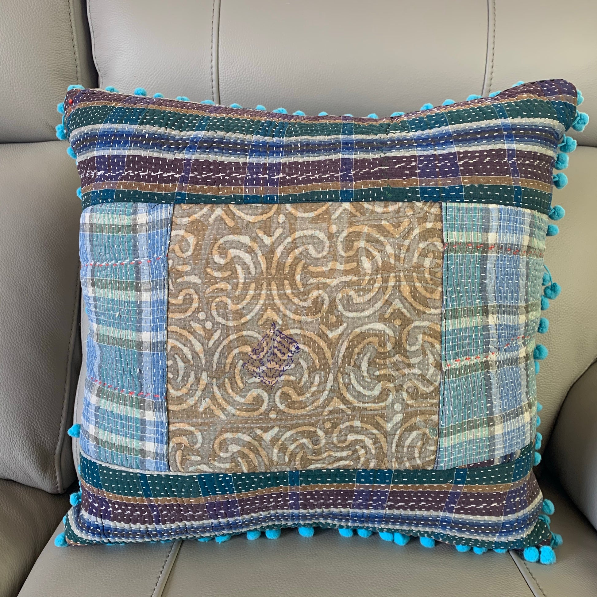 Indian Hand Made Vintage Kantha Patch Work Pomom Cushion Cover 45cm-2 - Adore India   