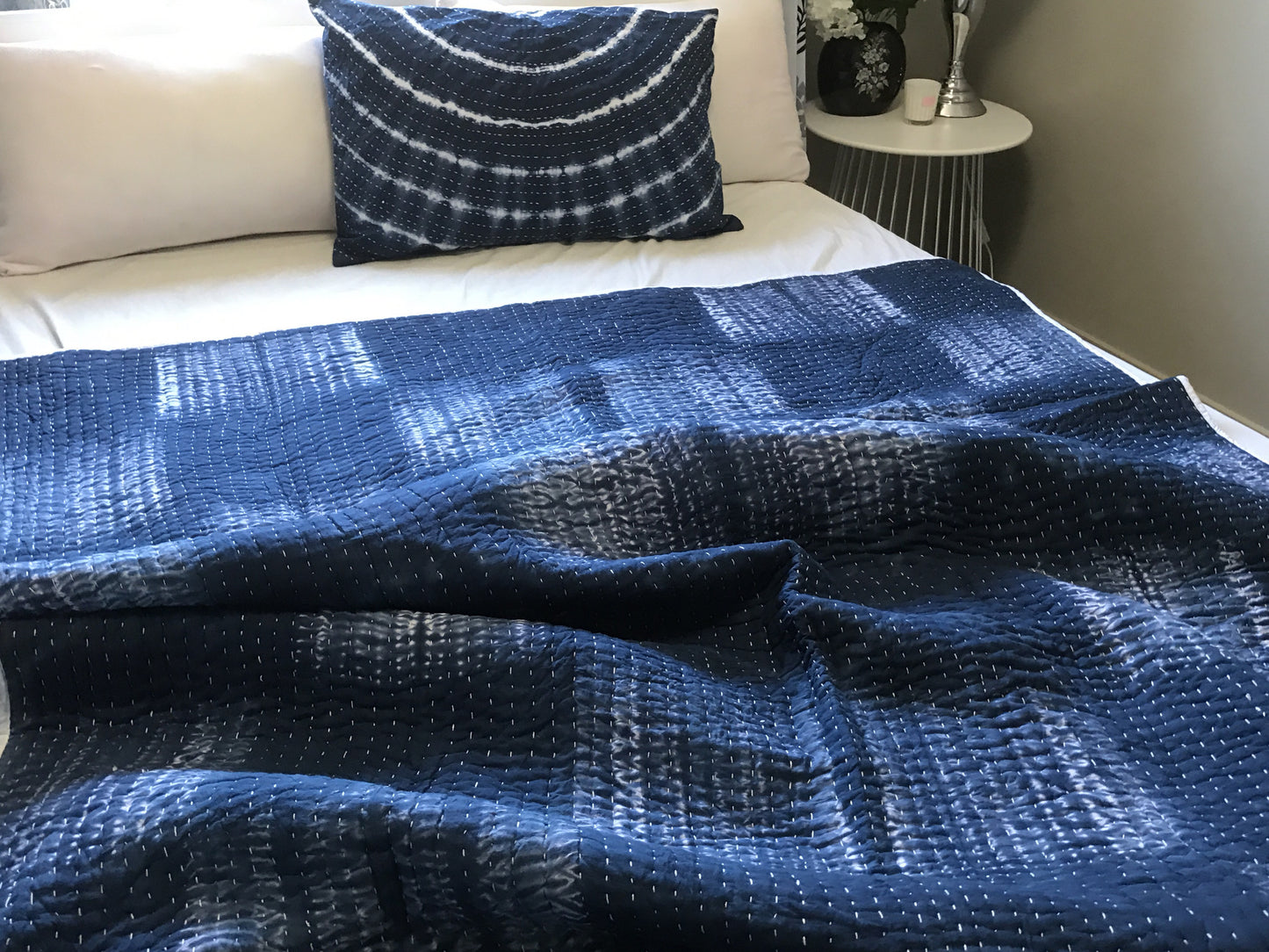 Handmade Indigo Tie dye Box Kantha Quilt - Adore India   