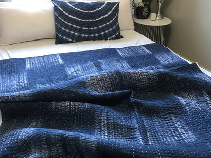 Handmade Indigo Tie dye Box Kantha Quilt - Adore India   