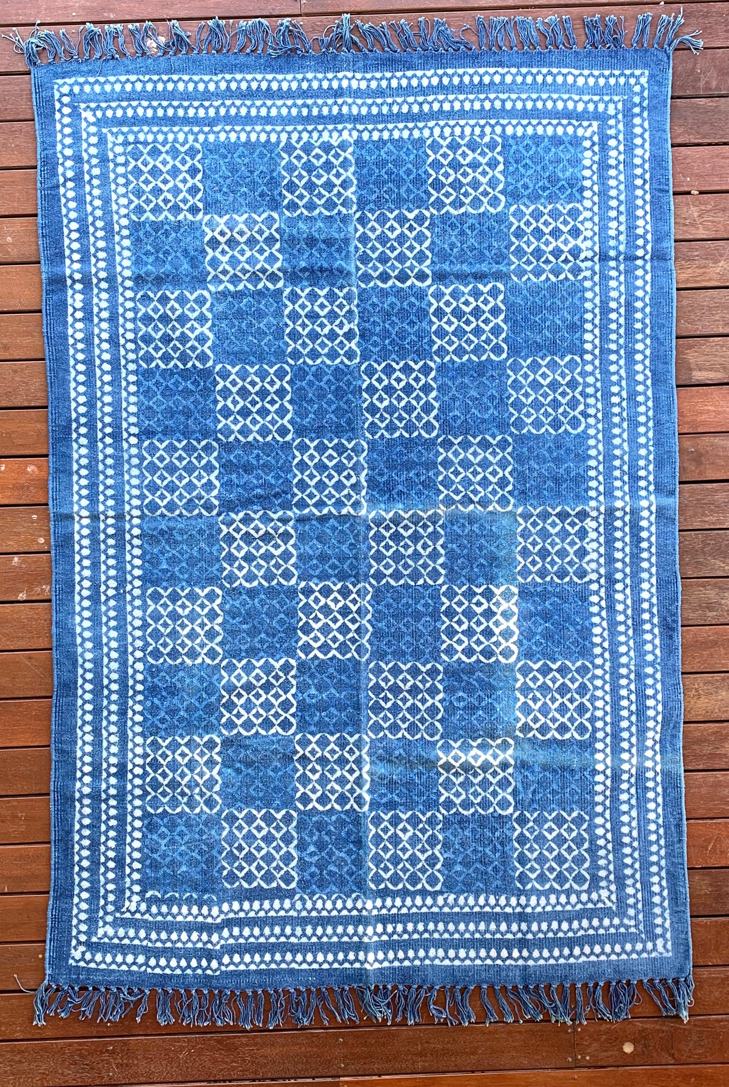 Handmade Geometrical Block Print Net Indigo Cotton Dhurrie Carpet - Adore India   