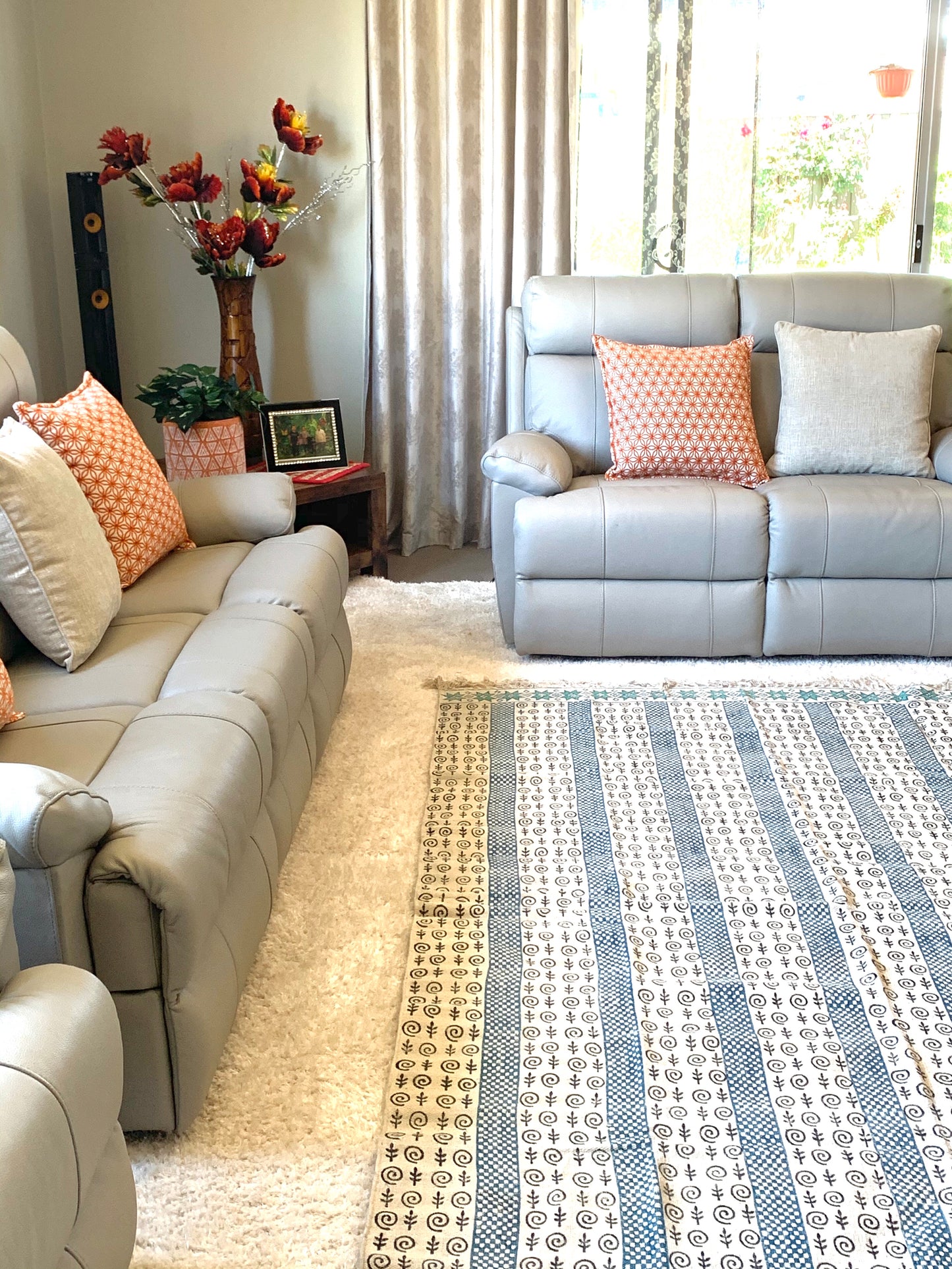 Handmade Beautiful Sarcelle Block Print Cotton Dari Carpet Serenity - Adore India   