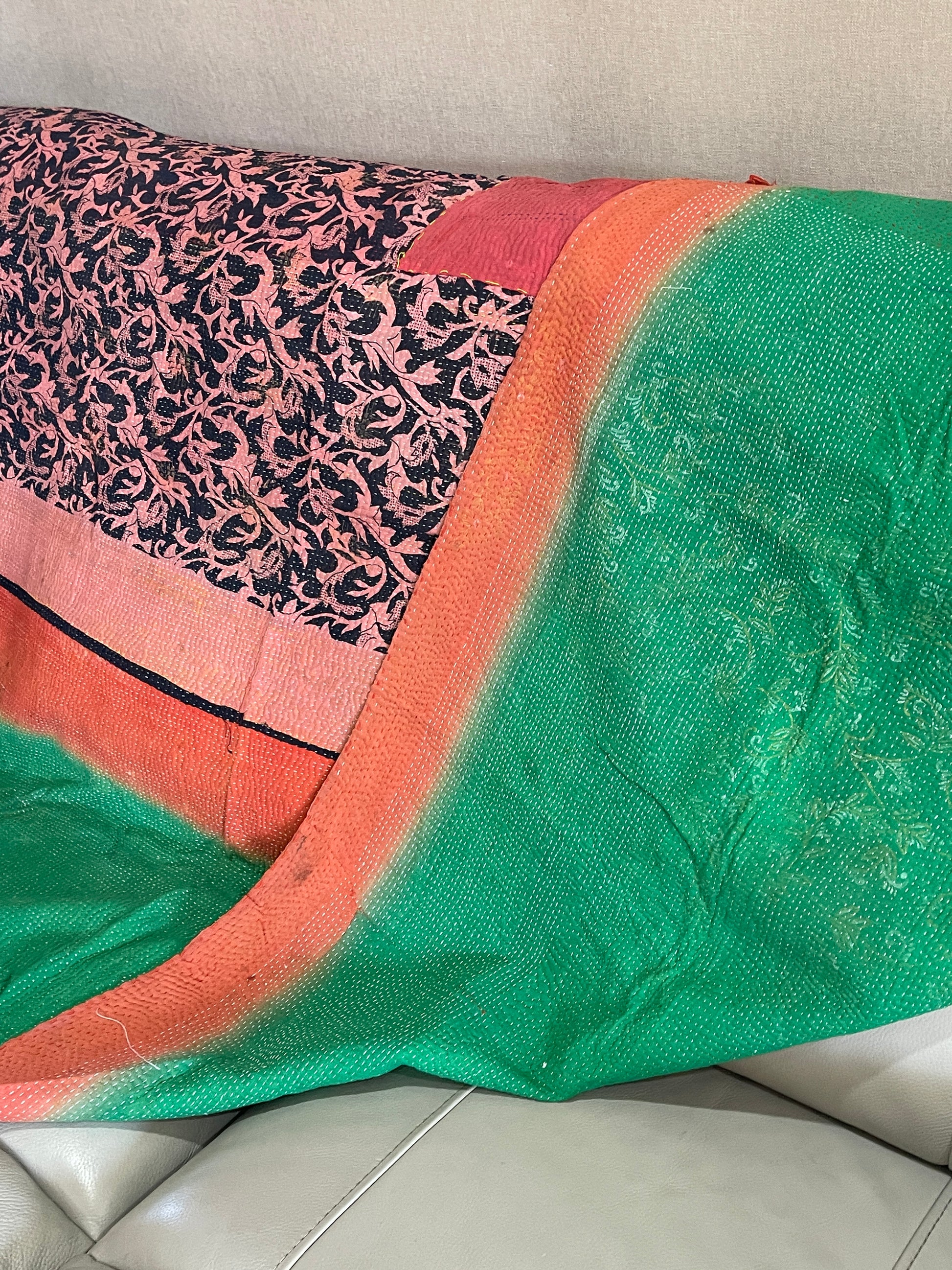 Indian Handmade Cotton Vintage Kantha Quilt Bedspread Throw- Abha - Adore India   