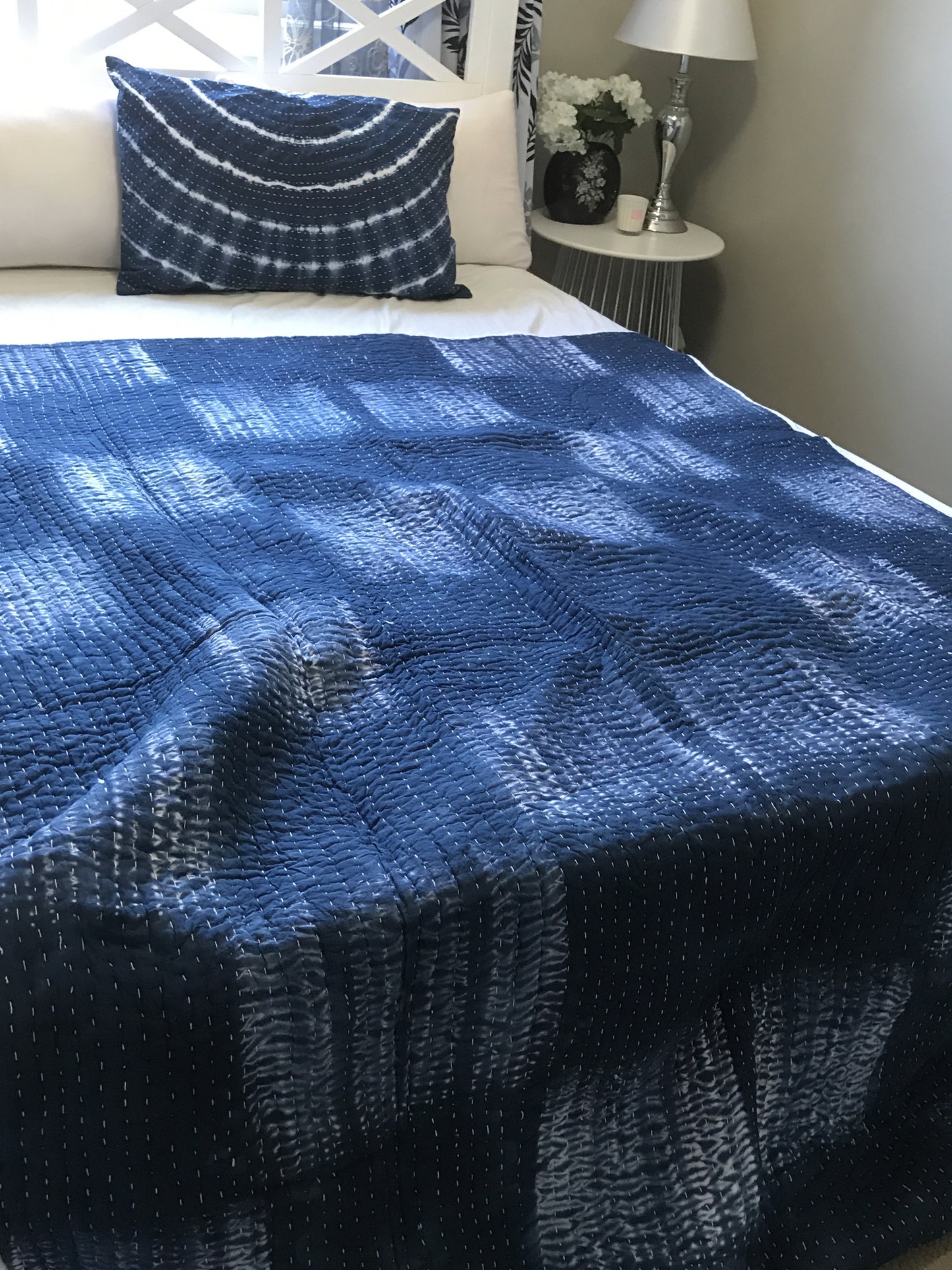 Handmade Indigo Tie dye Box Kantha Quilt - Adore India   