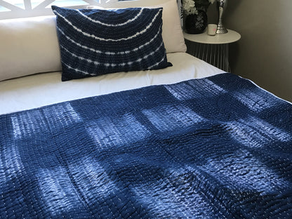 Handmade Indigo Tie dye Box Kantha Quilt - Adore India   
