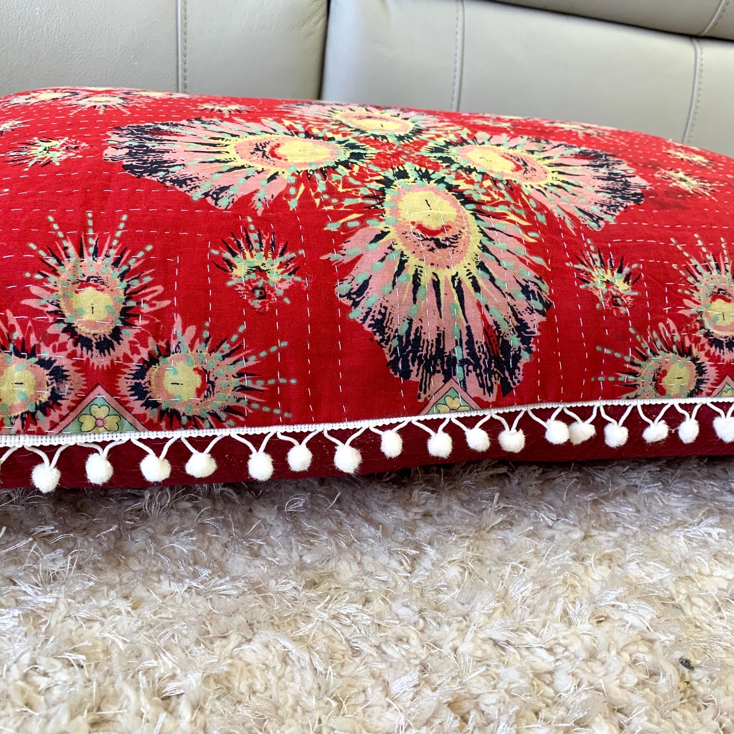 Vintage Kantha Pompom Pillow Cover 3 - Adore India   