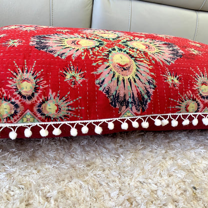 Vintage Kantha Pompom Pillow Cover 3 - Adore India   