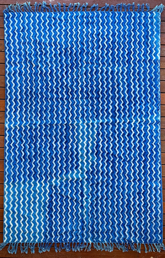 Handmade Geometrical Block Zigzag Print Indigo Cotton Dhurrie Carpet - Adore India   
