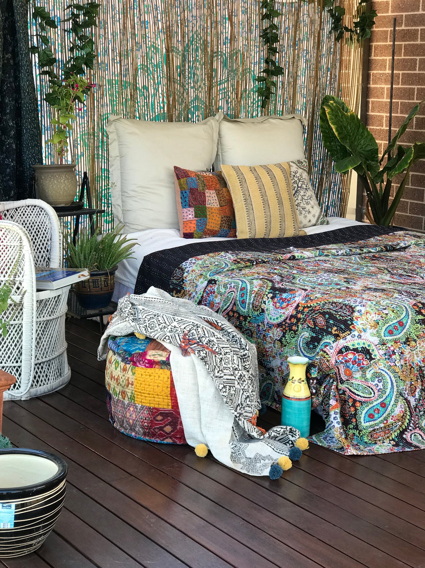 Handmade Black Paisley Print Cotton Reversible Kantha Quilt Bedspread Throw - Adore India   