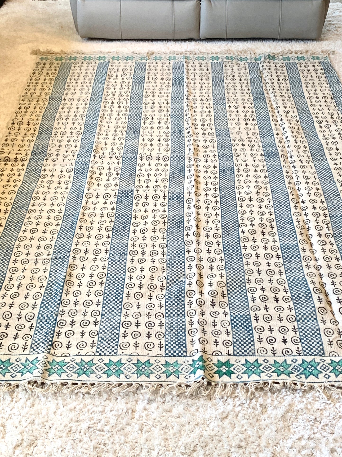 Handmade Beautiful Sarcelle Block Print Cotton Dari Carpet Serenity - Adore India   