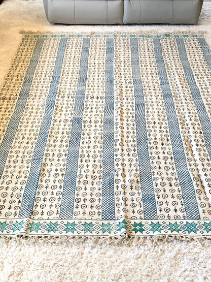Handmade Beautiful Sarcelle Block Print Cotton Dari Carpet Serenity - Adore India   
