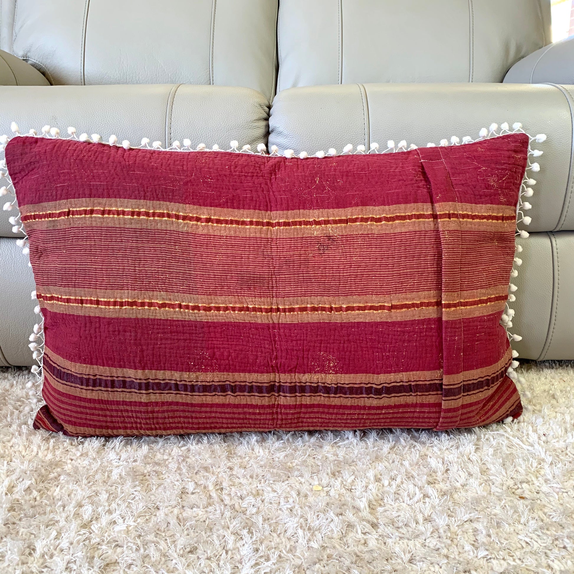 Vintage Kantha Pompom Pillow Cover 3 - Adore India   