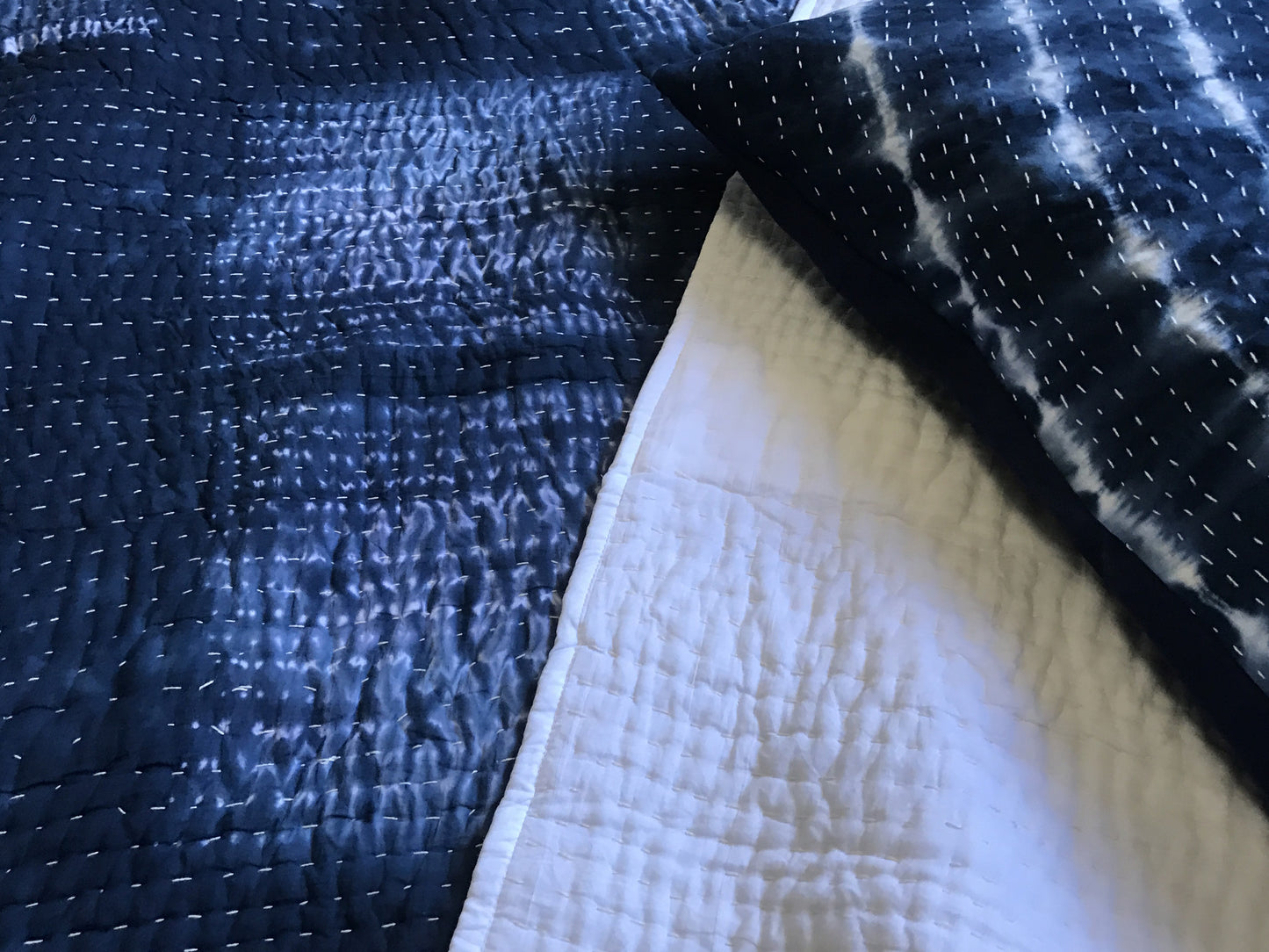 Handmade Indigo Tie dye Box Kantha Quilt - Adore India   