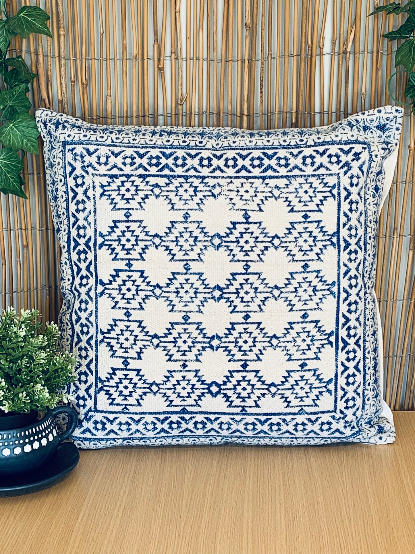 Block Print Aztec Indigo Cotton Dari Cushion Cover Euro Size 65x65cm - Adore India   