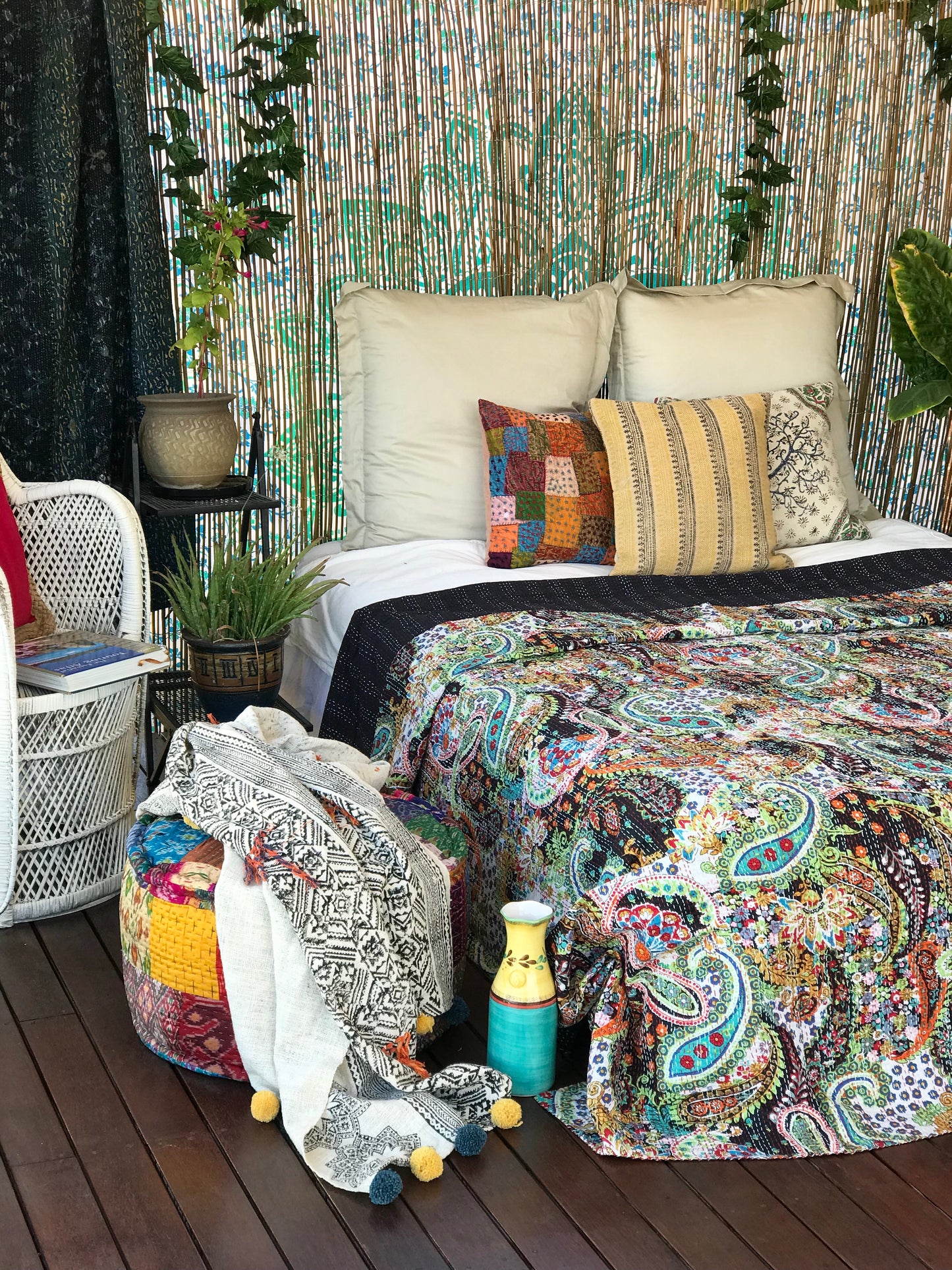 Handmade Black Paisley Print Cotton Reversible Kantha Quilt Bedspread Throw - Adore India   