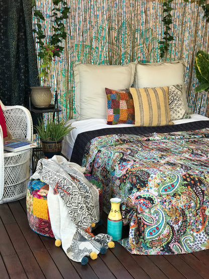 Handmade Black Paisley Print Cotton Reversible Kantha Quilt Bedspread Throw - Adore India   