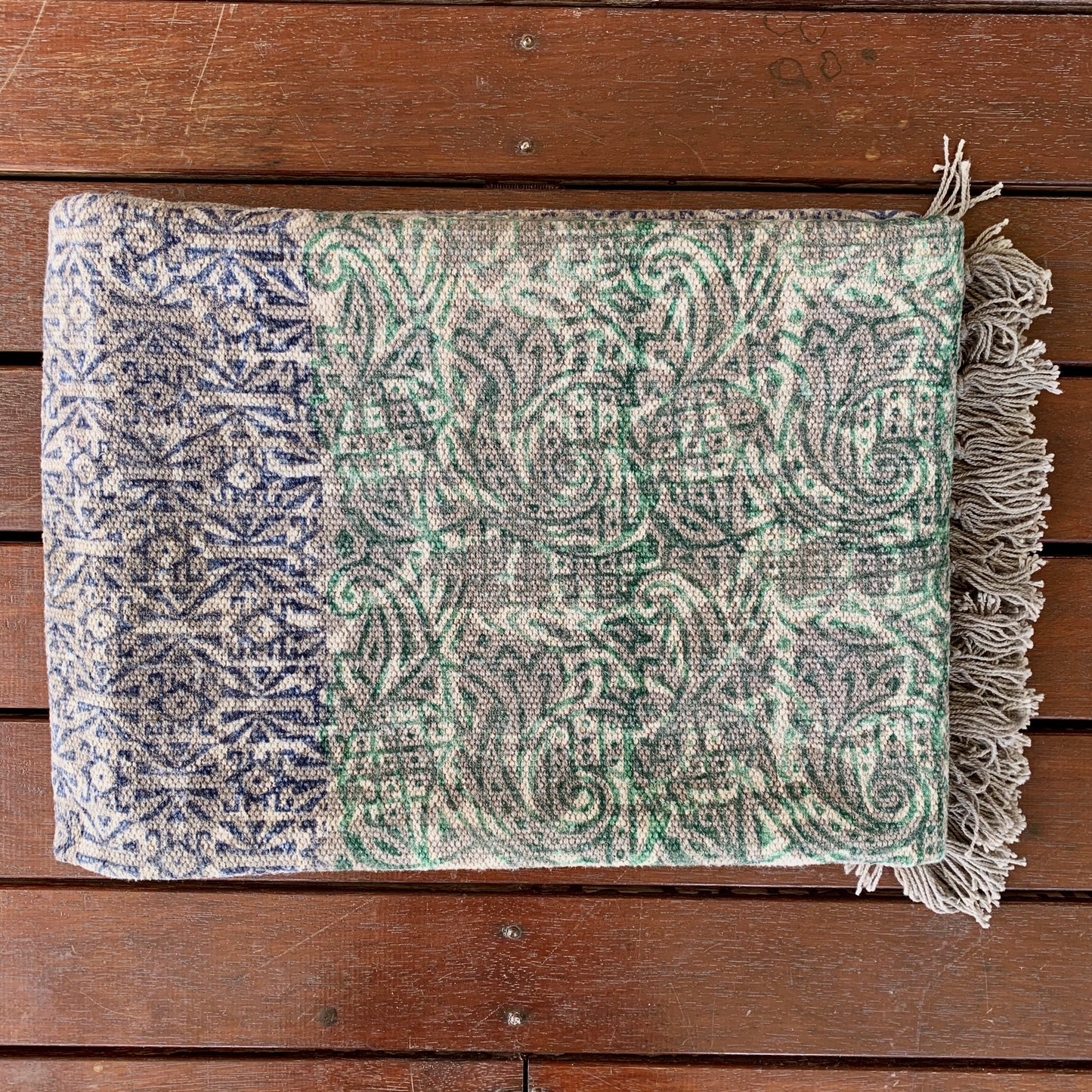 Handmade Olive Indigo Shade Block Print Cotton Dari Carpet - Adore India   