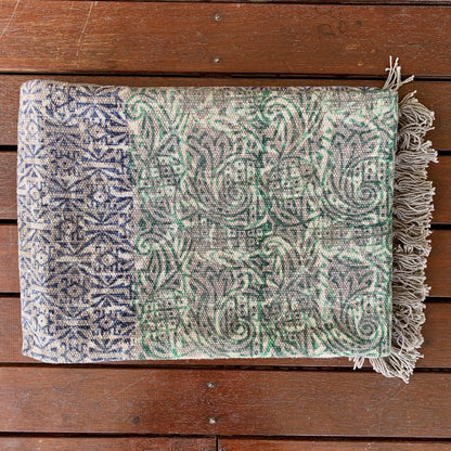 Handmade Olive Indigo Shade Block Print Cotton Dari Carpet - Adore India   
