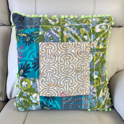 Vintage Kantha Pomom Cushion Cover 1 - Adore India   