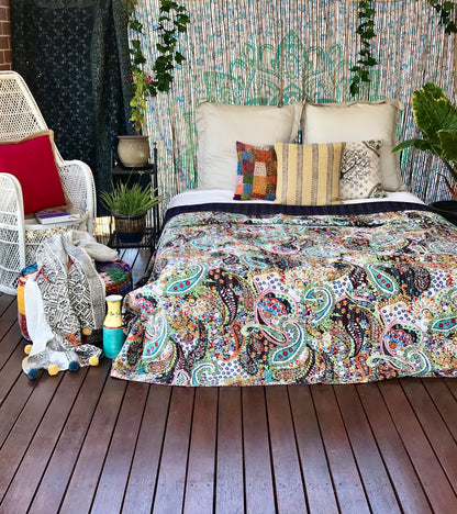 Handmade Black Paisley Print Cotton Reversible Kantha Quilt Bedspread Throw - Adore India   