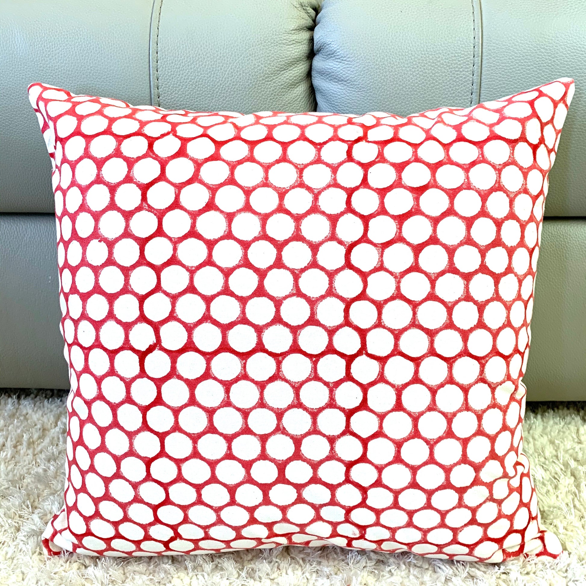 Red Polka Dot Block Print Canvas Cotton Cushion Cover Pillow 2Pcs - Adore India   