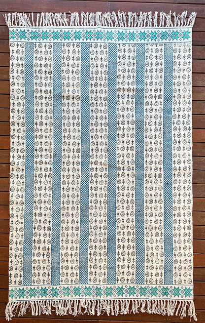 Handmade Beautiful Sarcelle Block Print Cotton Dari Carpet Serenity - Adore India   