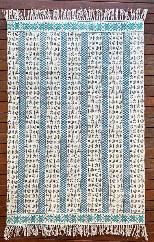 Handmade Beautiful Sarcelle Block Print Cotton Dari Carpet Serenity - Adore India   