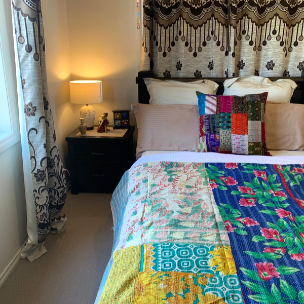 Indian Handmade Cotton Reversible Vintage Kantha Quilt Bedspread Throw- Malini - Adore India   