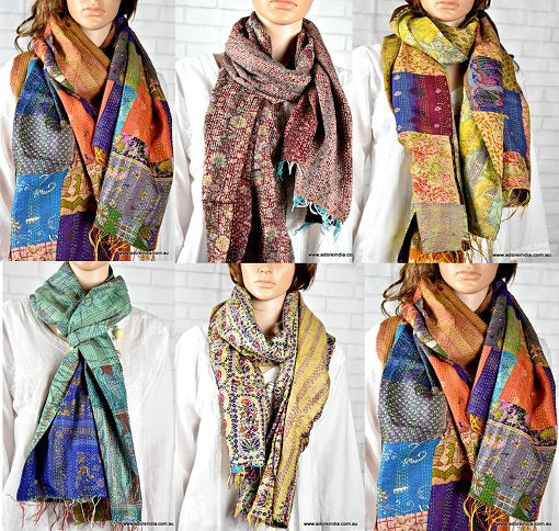 Wholesale Bulk Lot Kantha Silk Scarf 14 pcs - 90 X 200 cms - Adore India   